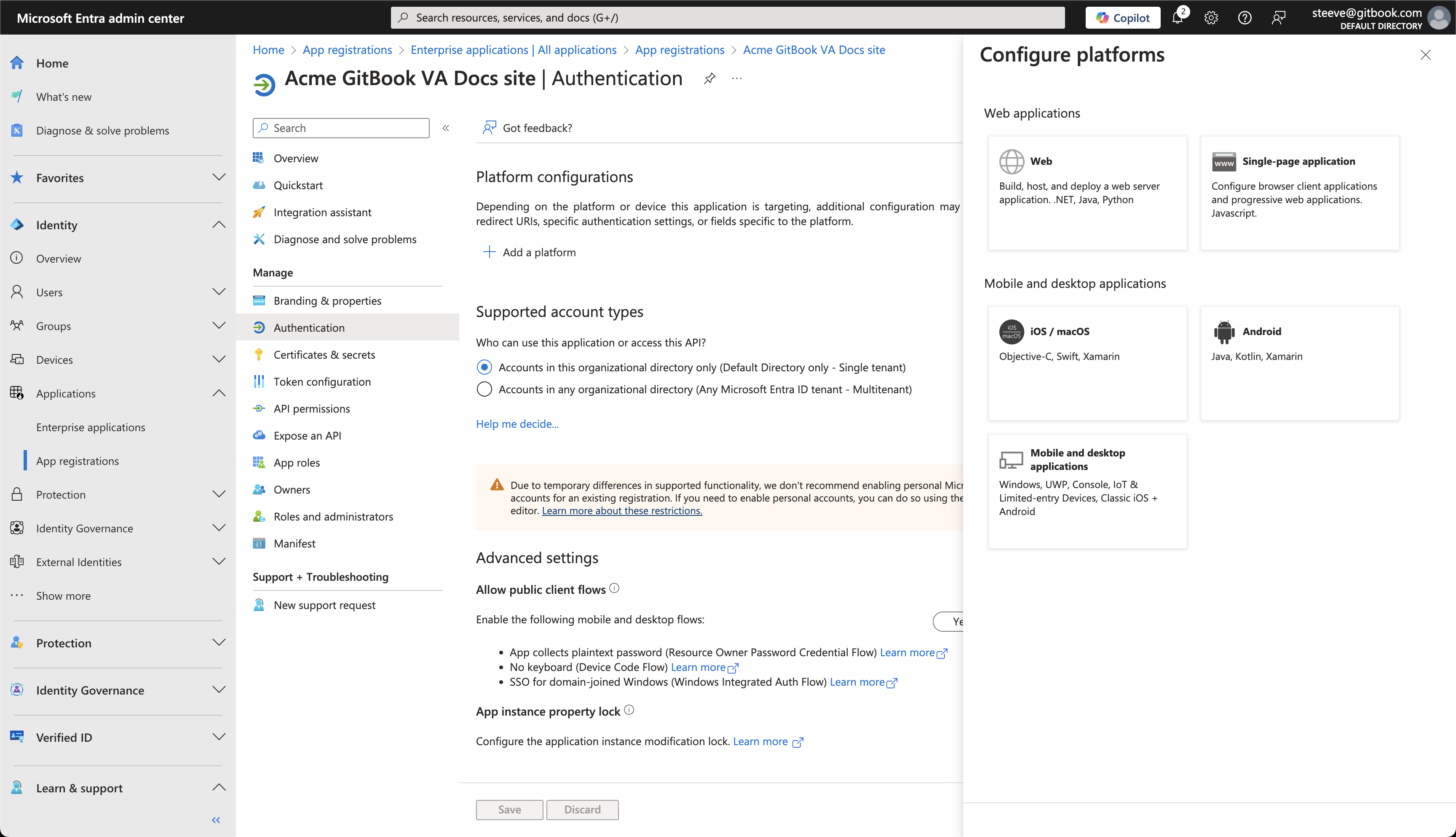 An Azure screenshot showing authentication platform settings