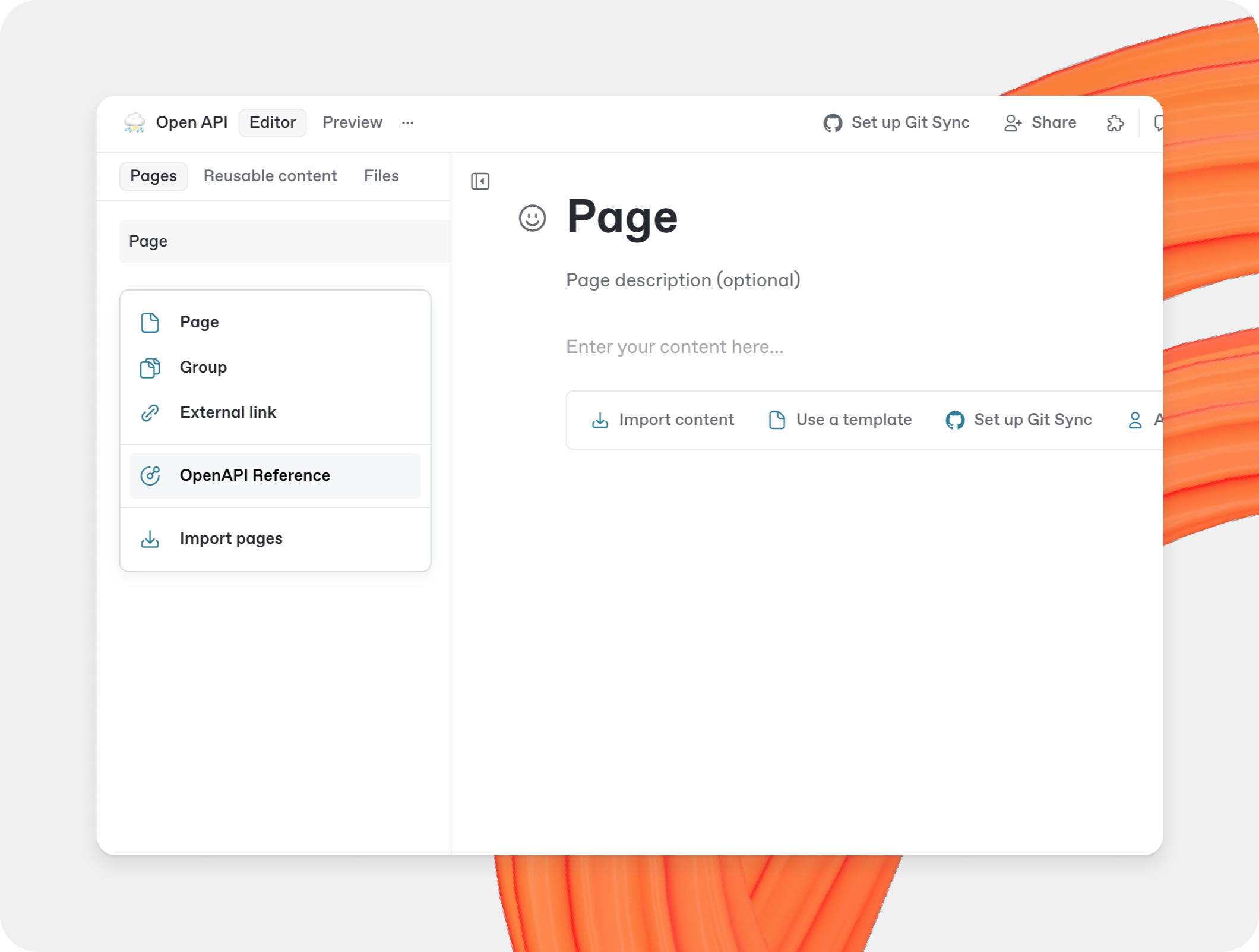 A GitBook screenshot showing how to insert API references into the table of contents of a space