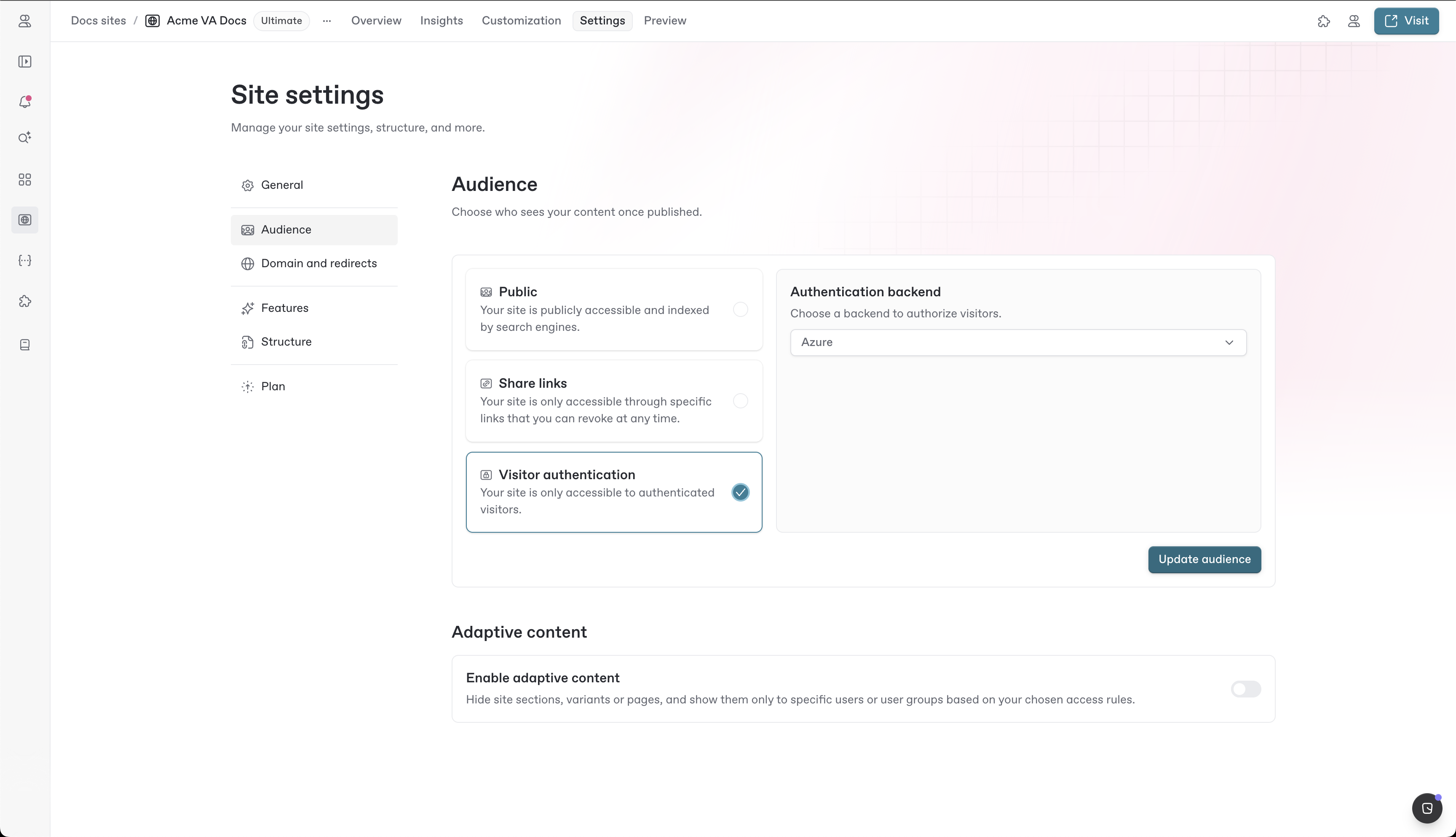 A GitBook screenshot showing authenticated access settings