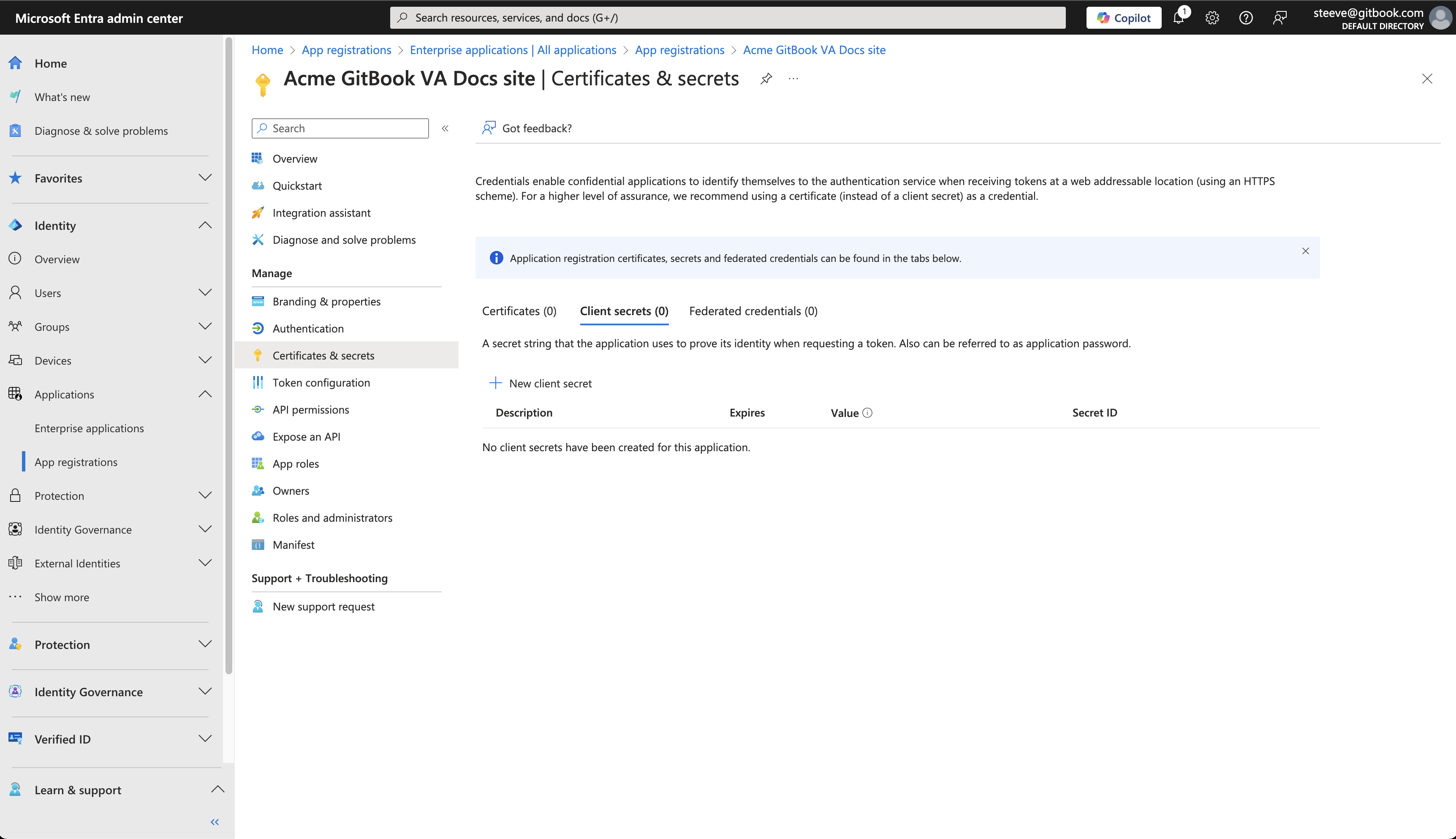 An Azure screenshot showing where to add a certificate or secret