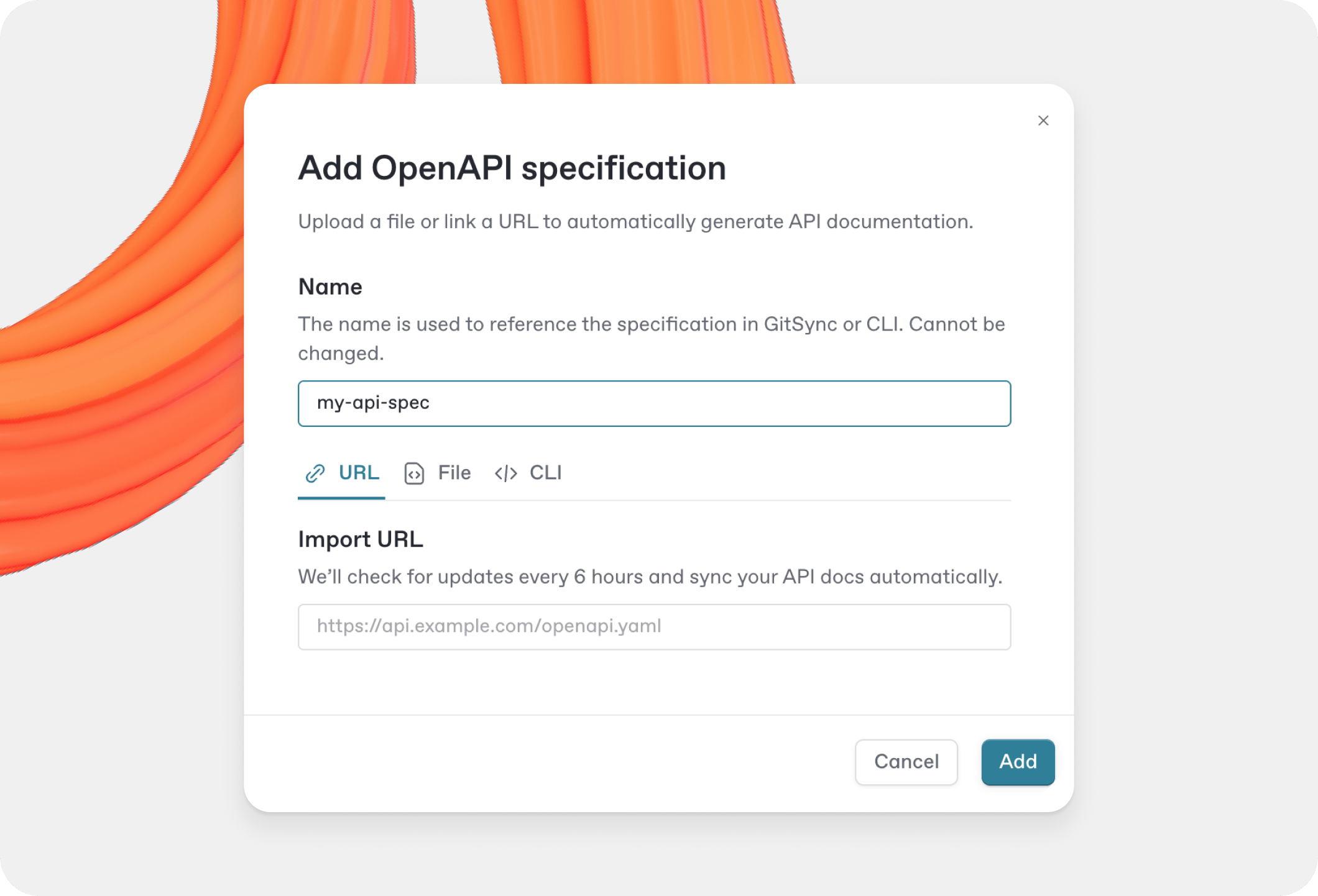 A GitBook screenshot showing the Add an OpenAPI specification modal